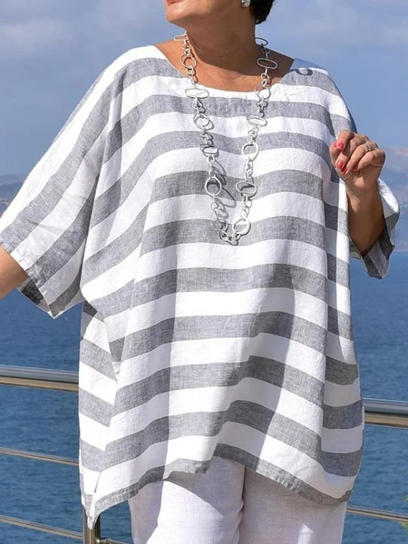 

Loose Crew Neck Vacation Striped Shirt, Gray, Blouses & Shirts