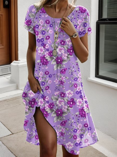 

Women's Short Sleeve Summer Floral Knitted Dress Crew Neck Daily Going Out Casual Midi H-Line T-Shirt Dress Purple, Dresses