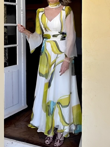 

V Neck Floral Loose Three Quarter Sleeve Vacation Maxi Dress, As picture, Maxi Dresses