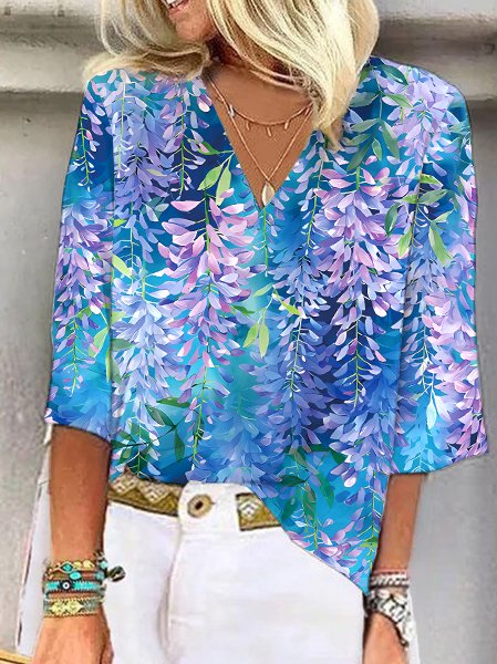 

V Neck Half Sleeve Floral Regular Loose Blouse For Women, Blue, Blouses