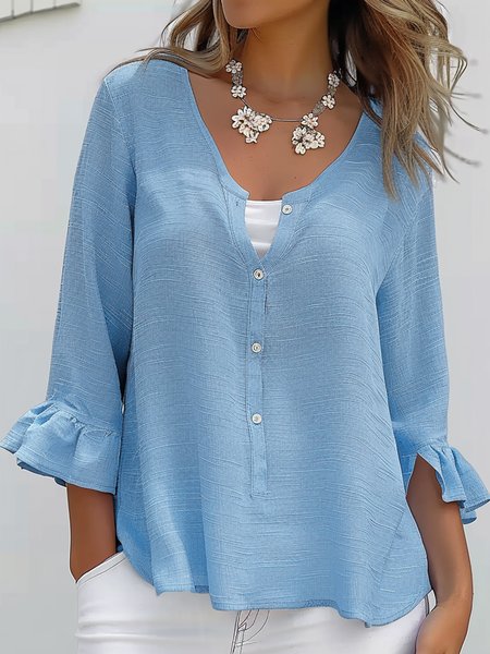 

Women's Three Quarter Sleeve Blouse Spring/Fall Plain Buckle Notched Bell Sleeve Daily Going Out Casual Top Light Blue, Blouses