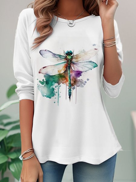 

Casual Dragonfly Crew Neck Long Sleeve T-shirt, White, T-shirts
