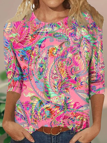 

Casual Loose Ethnic Crew Neck T-Shirt, Pink, T-shirts