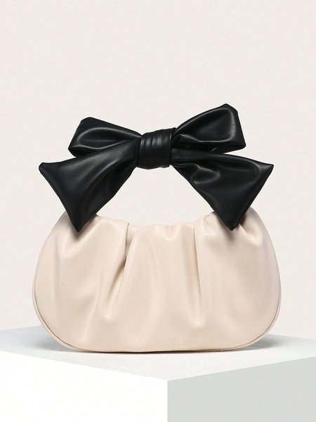 

Color Block Pleated Bowknot Handle Cloud Bag, Off white, Bags