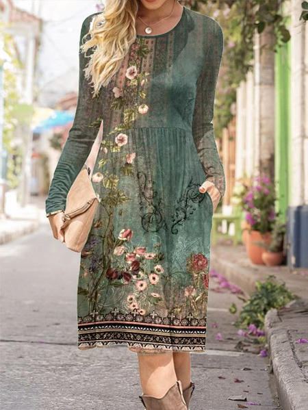 

Women's Long Sleeve Spring/Fall Ethnic Knitted Dress Crew Neck Daily Going Out Casual Midi H-Line T-Shirt Dress Green, Dresses