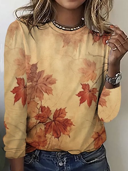 

Casual Leaf Crew Neck Long Sleeve T-shirt, Khaki, T-shirts