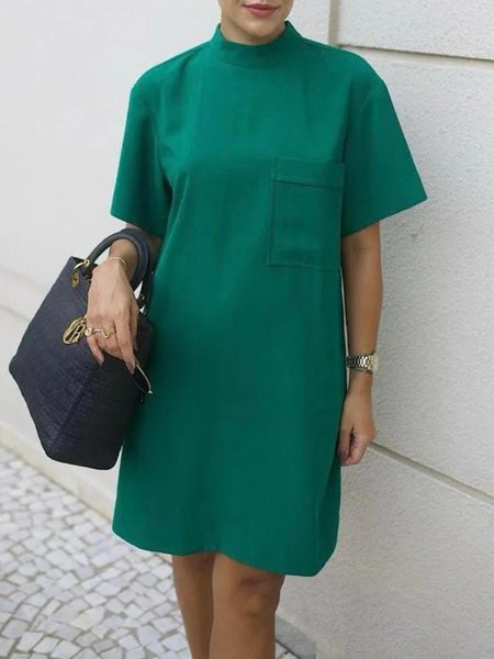 

Urban Plain Loose Stand Collar Short Sleeve Dress, Green, Mini Dresses