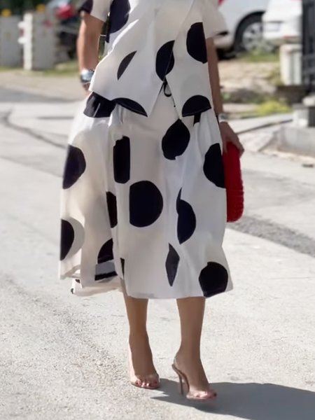 

Pocket Stitching Polka Dots Casual Midi Skirt, Black-white, Skirts