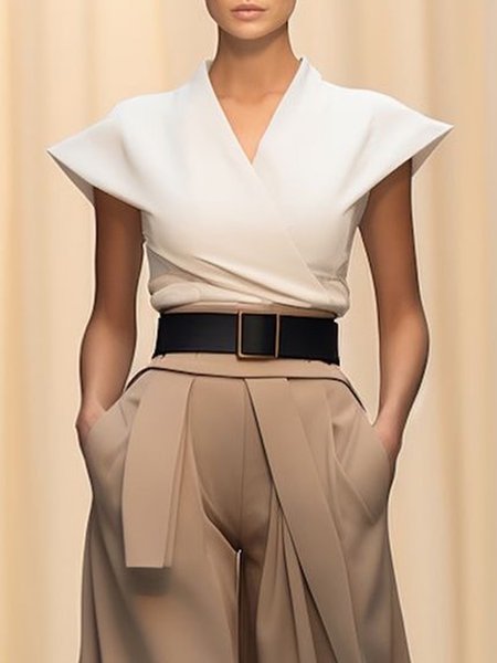 

Regular Fit Urban Plain V Neck Blouse, White, Blouses and Shirts