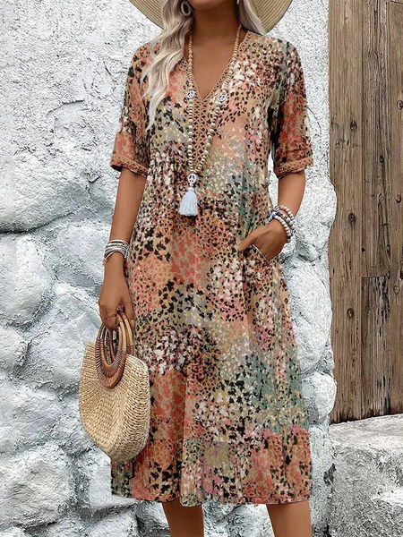 

Women's Short Sleeve Summer Leopard Lace Dress V Neck Daily Going Out Casual Knee Length A-Line Khaki, Dresses