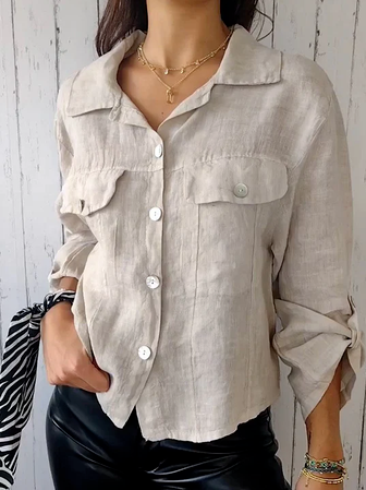 Plain Loose Vacation Shawl Collar Shirt, Khaki, Blouses & Shirts