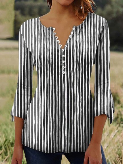 

Notched Three Quarter Sleeve Striped Buckle Regular Micro-Elasticity Loose TUNIC Blouse For Women, Black-white, Blouses