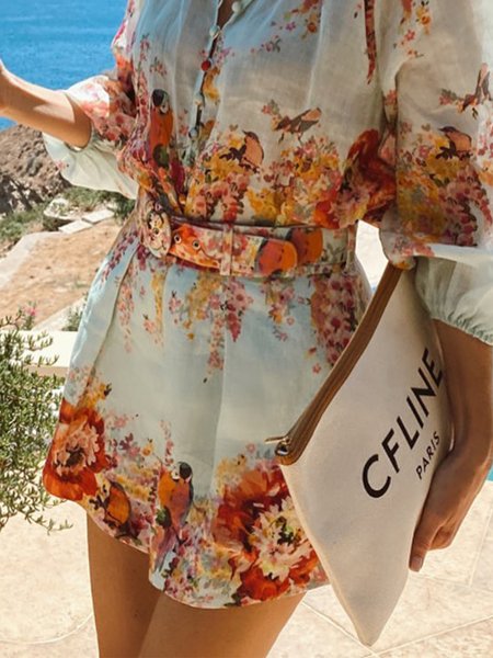 

Pocket Stitching Floral Vacation Regular Fit Shorts With Belt, As picture, Shorts