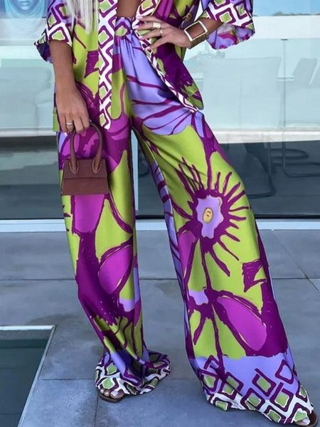 

Floral High Waist Vacation Fashion Wide leg Pants, Purple, Pants