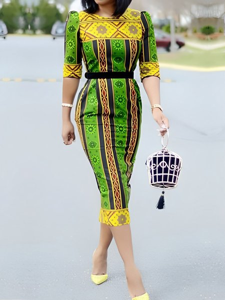 

Regular Fit Crew Neck Elegant Ethnic Geometry Dress With No Belt, As picture, Midi Dresses