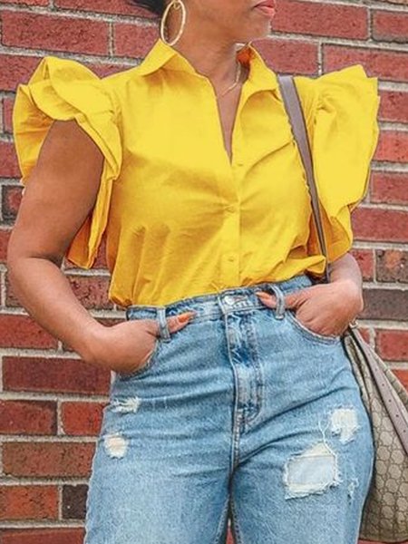 

Urban Plain Loose Shirt Collar Shirt, Yellow, Blouses and Shirts