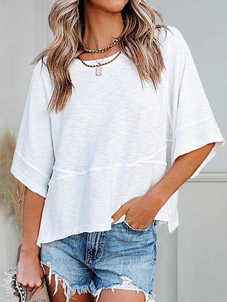 

Women Plain Crew Neck Casual Three Quarter Sleeve T-shirt, White, Tees & T-shirts