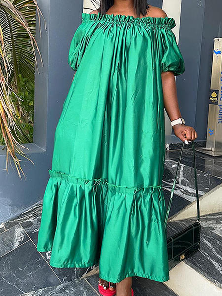 

Loose Cold Shoulder Short Sleeve Plain Elegant Maxi Dress, Green, Maxi Dresses