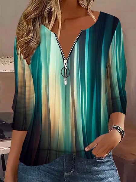 

Casual Abstract Notched Long Sleeve T-shirt, Black-green, T-shirts