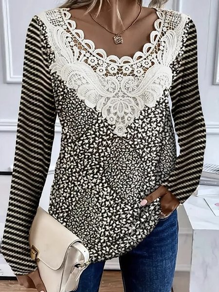 

Crew Neck Long Sleeve Striped Lace Regular Loose TUNIC Blouse For Women, Black, Blouses