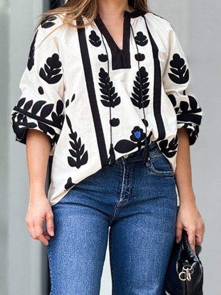 

Floral Loose V Neck Vacation Blouse, White, Blouses and Shirts