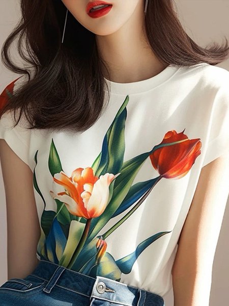 Floral Crew Neck Regular Fit Daily T-Shirt, White, Tees