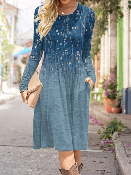 

Women's Long Sleeve Spring/Fall Floral Knitted Dress Crew Neck Daily Going Out Casual Midi H-Line T-Shirt Dress Blue, Dresses