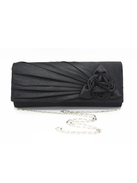 

Elegant Rose Applique Square Clutch Bag with Crossbody Metal Chain Strap, Black, Bags