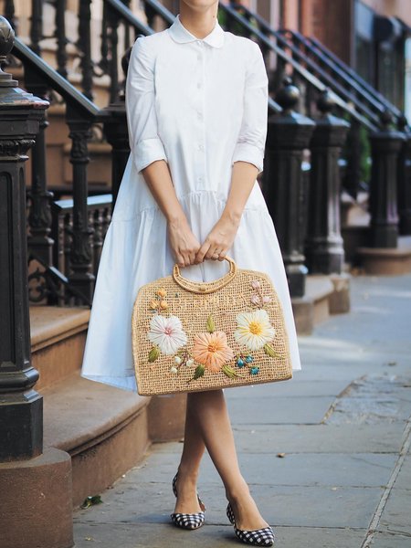 

Loose Shawl Collar Casual Long Sleeve Dress, White, Midi Dresses