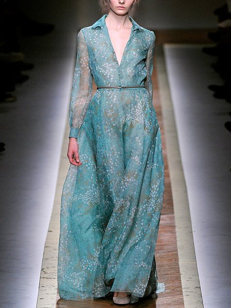 

Random Print Vacation Regular Fit Shirt Collar Maxi Dress With No Belt, Cyan, Maxi Dresses