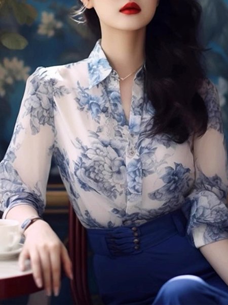 

Regular Fit Elegant Floral Three Quarter Sleeve Shirt, Blue, Blouses and Shirts