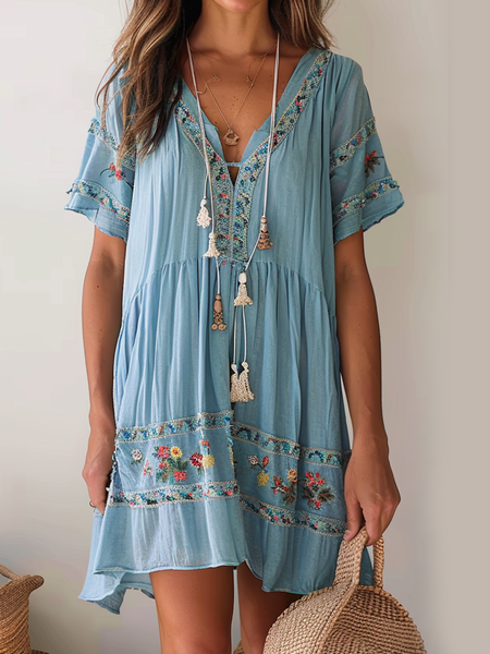 

Women's Short Sleeve Summer Floral Embroidery Dress V Neck Daily Going Out Casual Mini A-Line Light Blue, Dresses
