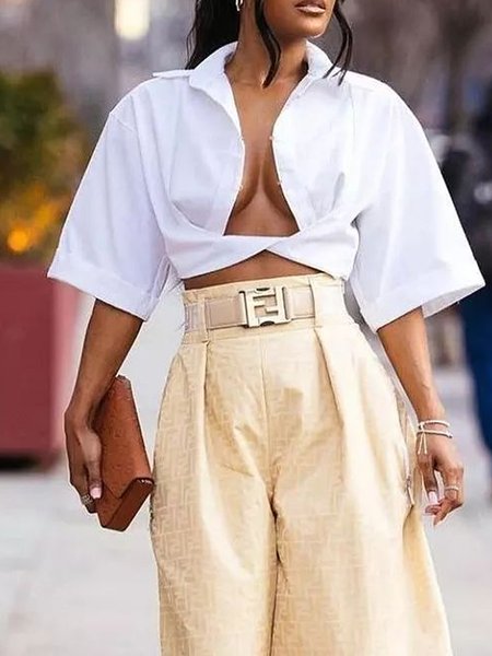 

Plain Urban Shirt Collar Loose Shirt, White, Blouses and Shirts