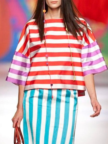 

Loose Urban Striped Crew Neck Color Block Blouse, As picture, Blouses and Shirts