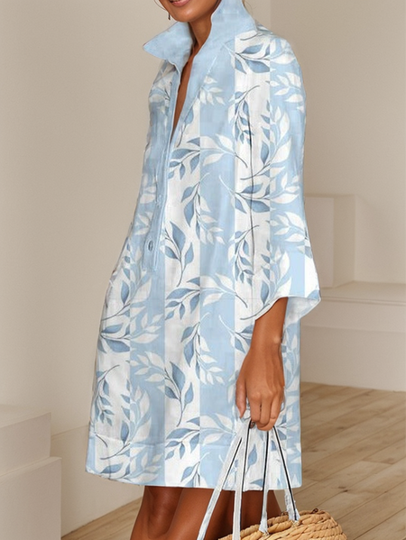 

Women Floral Shirt Collar Long Sleeve Comfy Casual Midi Dress, Blue, Dresses