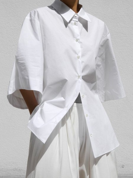 

Daily Shirt Collar Urban Half Sleeve Plain Shirt, White, Blouses and Shirts