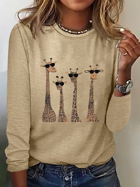 

Cotton-Blend Casual Loose Deer T-Shirt, Khaki, Long sleeves