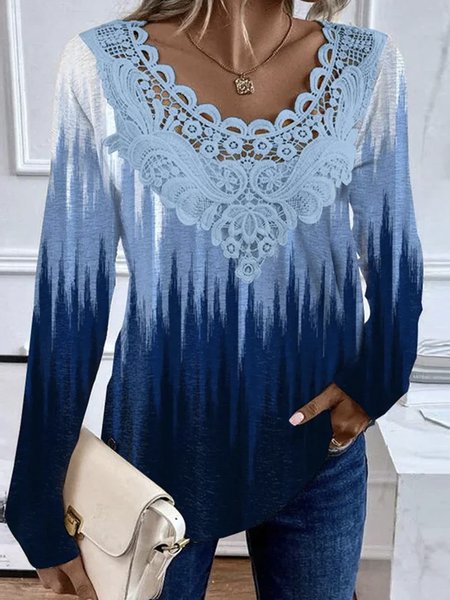 

Crew Neck Long Sleeve Random Print Lace Regular Loose TUNIC Blouse For Women, Blue, Blouses