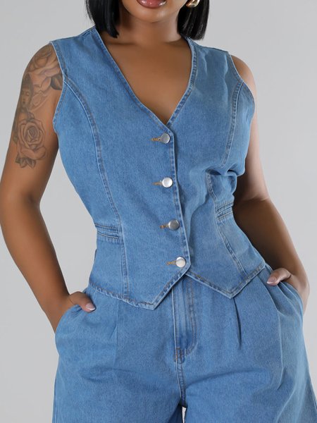 

Regular Fit Casual Denim Vest, Blue, Vests and Gilets