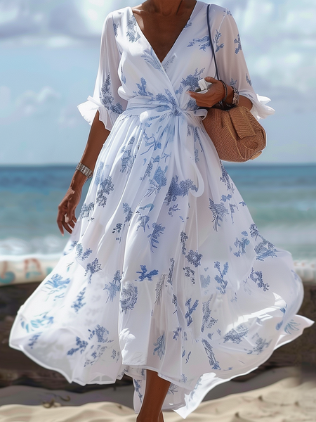 

V Neck Half Sleeve Vacation Floral Loose Maxi Dress With Belt, As picture, Midi Dresses