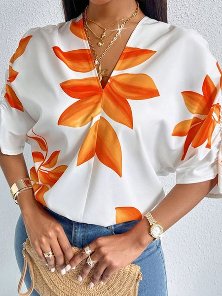 

Loose V Neck Short Sleeve Floral Urban Blouse, As picture, Blouses and Shirts
