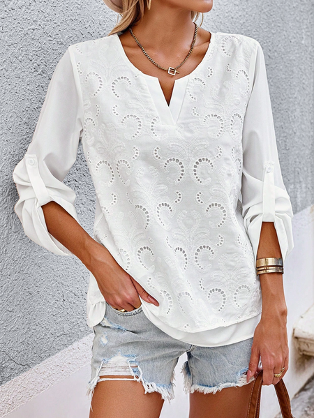 

V Neck Long Sleeve Plain Hollow Out Regular Loose Blouse For Women, White, Blouses