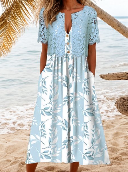 

Women's Lace Floral Pattern Daily Going Out Two Piece Set Short Sleeve Casual Summer Coat With Skirt Matching Set Blue, Suit Set