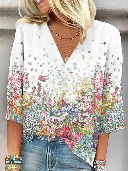 

V Neck Three Quarter Sleeve Floral Regular Loose Blouse For Women, White, Blouses