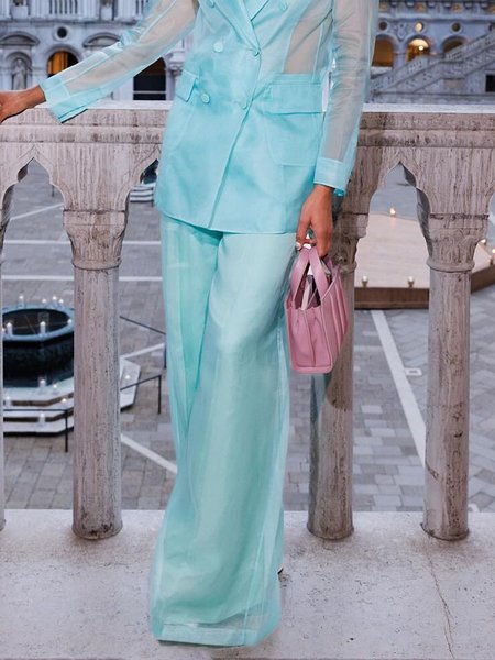 Elegant Plain Regular Fit Fashion Pants, Lake blue, Pants