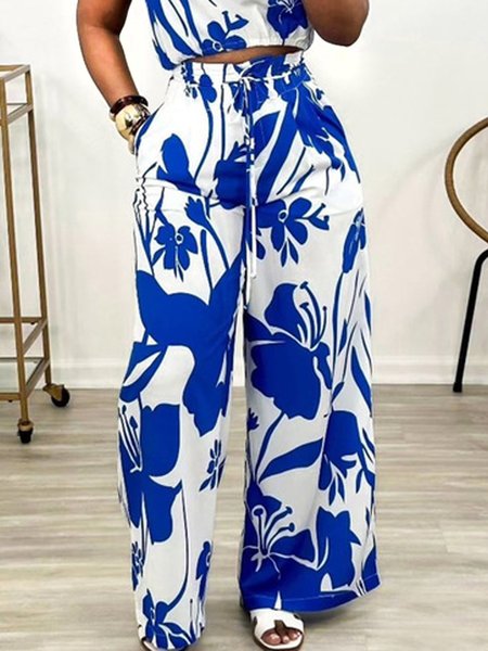 Plants Printing Regular Fit Casual Pants, White-blue, Pants