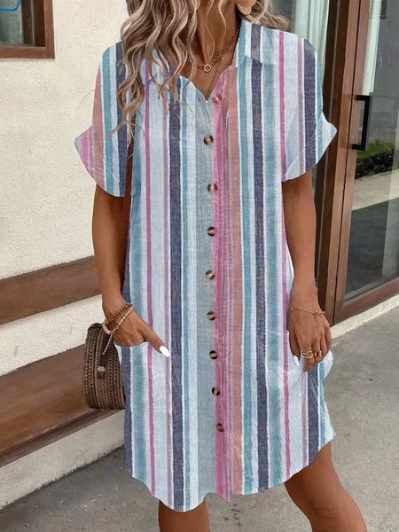 

Striped Vacation Loose Shawl Collar Dress With No, As picture, Midi Dresses