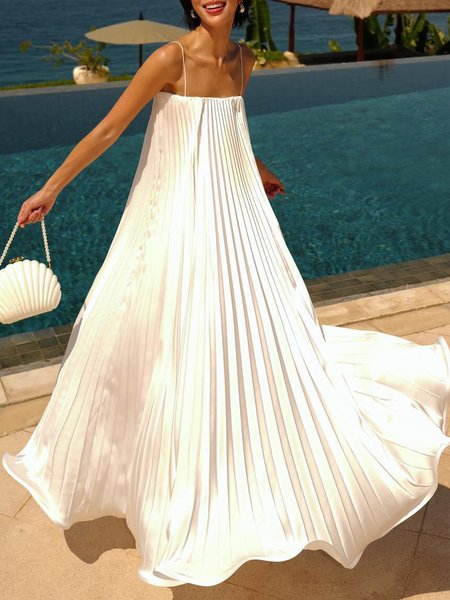 

Square Neck Vacation Plain Loose Pleated Dress, White, Maxi Dresses