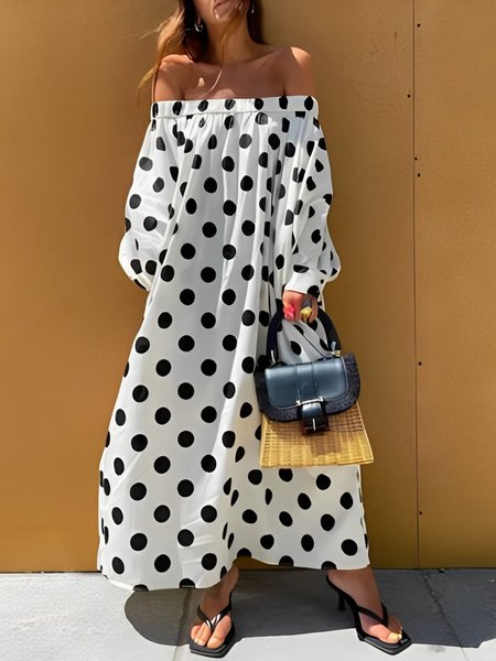 

Polka Dots Vacation Off The Shoulder Loose Dress, White, Maxi Dresses