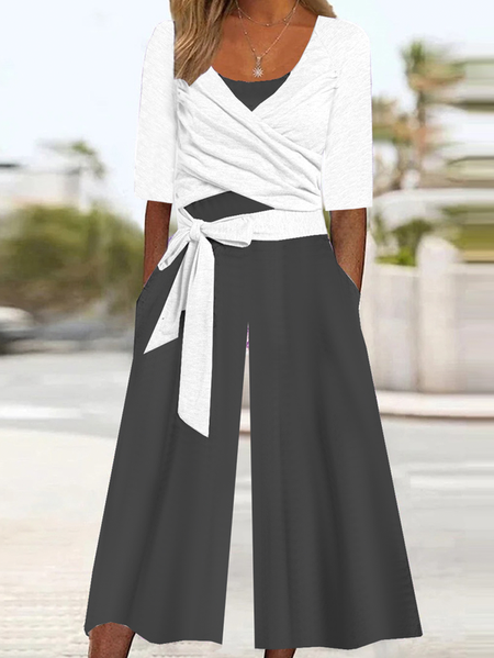 

Women Half Sleeve Cross Neck Loose Ankle Pants Pocket Stitching Daily Casual Black And White Colorblock Natural T-Shirt Jumpsuit, Black-white, Jumpsuits&Rompers